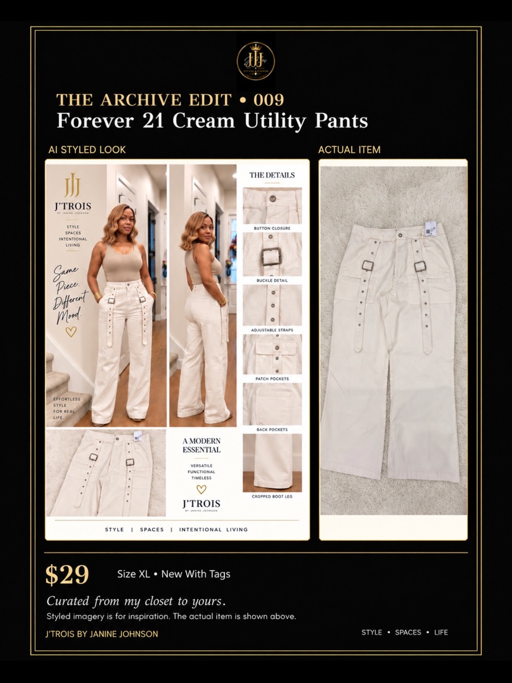 Forever 21 Cream Wide-Leg Utility Pants with Buckle Straps